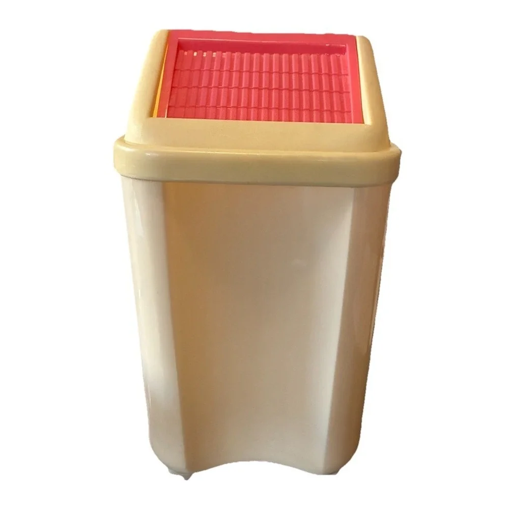 Vintage Trash Can Beige Pink Roof Small 11.5x7x6.5